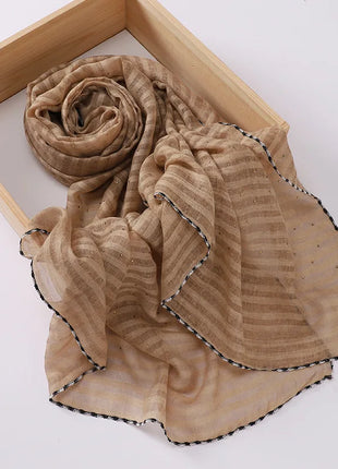 New Designs Cotton Linen hajib Scarf Stripe Islamic Ladies Head Scarf Headwear Lace Malaysian Women's Scarves Ramadan Turban