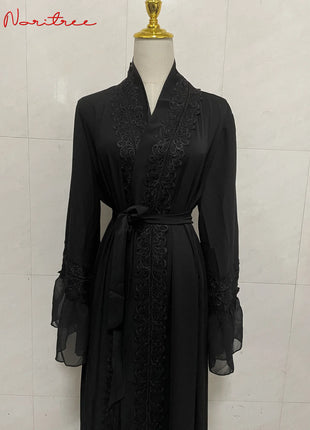 Fashion Lace Stitching Muslim Abaya Dubai Full Length Flare Sleeve Lace Abaya Dubai Turkey Muslim Islam Robe With Belt WY1391
