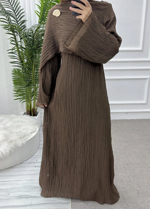 Two Piece Middle East Muslim Cardigan Set for Women Ramadan Eid Dubai Modest Abaya Dress Elegant Islam Solid Turkey Robe Outfit