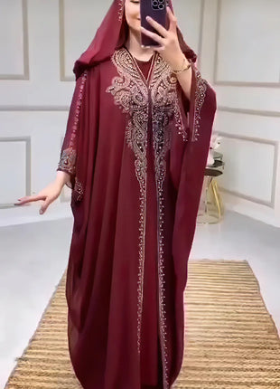 Eid Muslim Dress for Women Hooded Abaya 2 Piece Set Diamond Jalabiya Morocco Party Dresses Dubai Abayas Kaftan Vestido Long Robe