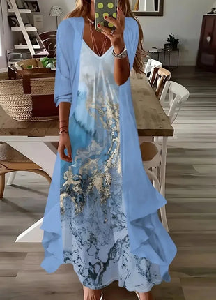 Independent Stand Floral Print Women's Dress Two-Piece Set Short Sleeve Ankle-Length Polyester Fiber Regular Waist Line