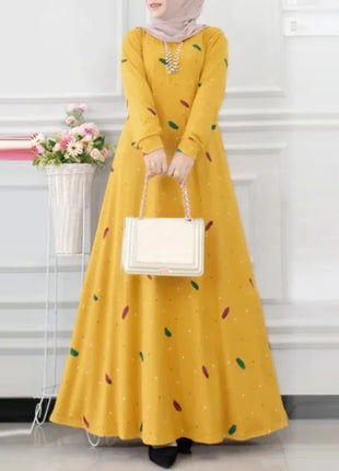 Muslim Leaf Pattern Long Sleeve Dress for Women Casual Bohemian Polka Dot Print Holiday Muslim Dress Full Length Abayas Dubai
