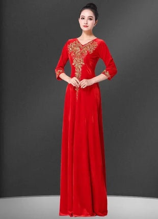 Ladies Golden Velvet Choral Performance Costumes Women Performance Costume Long Dresses Autumn Female Large Size 6XL Maxi Dress