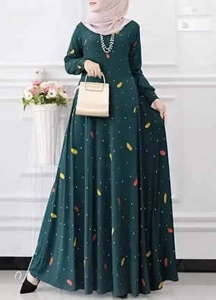 Muslim Leaf Pattern Long Sleeve Dress for Women Casual Bohemian Polka Dot Print Holiday Muslim Dress Full Length Abayas Dubai