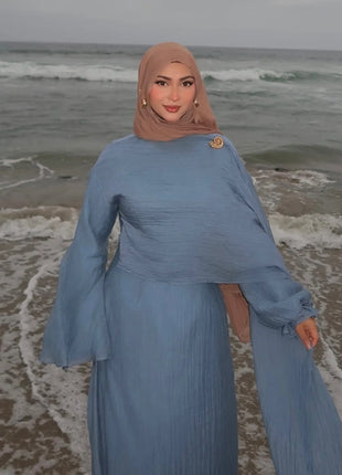 Two Piece Middle East Muslim Cardigan Set for Women Ramadan Eid Dubai Modest Abaya Dress Elegant Islam Solid Turkey Robe Outfit