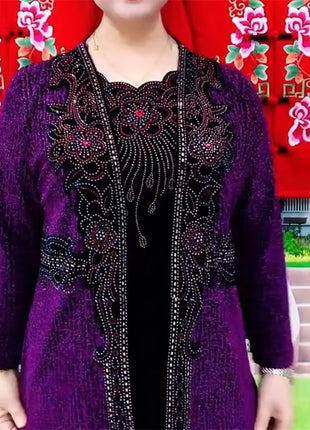 Spring Autumn New Mother's Fake Two piece T-shirts Large Size Embroidered O-Neck Women Shirts High End Hot Diamond Tees Tops