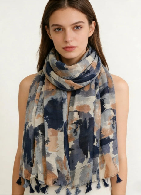 1Pc spring and autumn retro oil painting style ink smudge camouflage printing spring and summer wear scarf literary tassel shawl