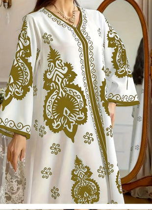 Long Dress Abayas Women Eid Muslim Dresses Bronzing Print V Neck Jalabiya Arab Morocco Dubai Kaftan 2025 Vestidos Ramadan Robe