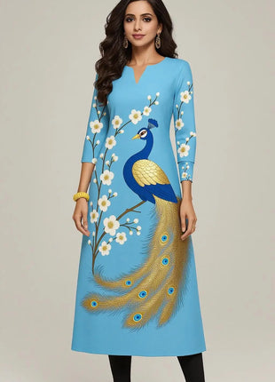 Muslim Kurt Casual Fashion Dress Long Sleeved Straight Tube Casual Ethnic Flower Abaya Women Muslim Dress Peacock Sleeve Abaya