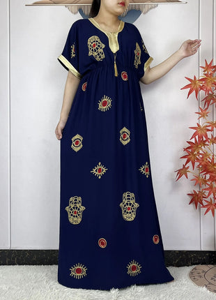 New African Abaya Women Elegant Dress Collect Waist Straight Cotton Embroider Dress Loose Caftan Femme Clothing Islamic Dresses