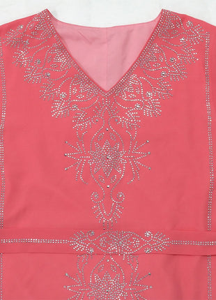 Women's Long Sleeve Polyester Abaya — Diamond Detail V-Neck Dress