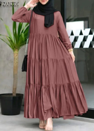 ZANZEA Muslim Fashion Tiered Long Dresses Women Islamic Hijab Style Casual Long Sleeve O Neck Maxi Vestidos Solid Abaya Robes