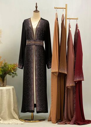 Hot Selling Ramadan Rhinestone Cardigan Islamic Dresses With Pockets Kebaya Muslim Kimono Abaya Dubai Modest Clothing Women EID