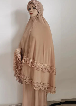 Ramadan  Long Khimar Muslim Abaya Women Prayer Garment Saudi Prayer Dress Lace Trim Silky 2 Piece Skirt Sets Eid Niqab jilbab