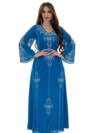 Women's Long Sleeve Polyester Abaya — Diamond Detail V-Neck Dress