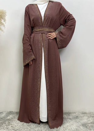Hot Selling Ramadan Rhinestone Cardigan Islamic Dresses With Pockets Kebaya Muslim Kimono Abaya Dubai Modest Clothing Women EID