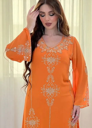 Women's Long Sleeve Polyester Abaya — Diamond Detail V-Neck Dress