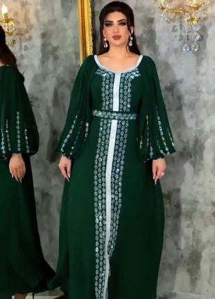 Abaya Muslim Women Party Dresses Chiffon Sequins Jalabiya Ramadan Eid Morocco Islam Sashes Vestidos Arab Long Robe Dubai Kaftan