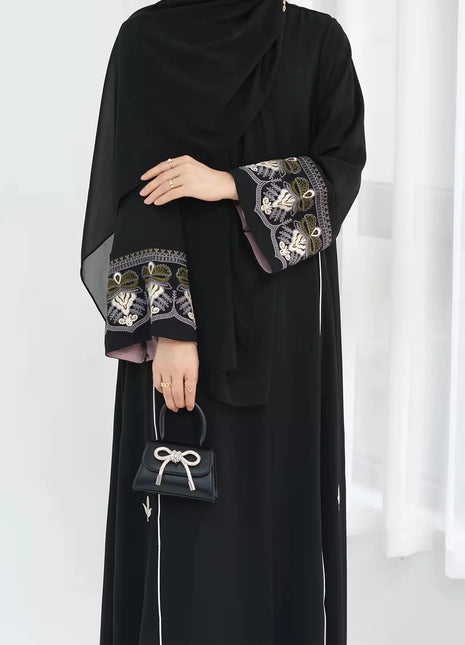 Middle East Style Muslim Kaftan Black Fabric Embroidered Sleeve Design White Line Accents for Gulf Region Modest Fashion Events