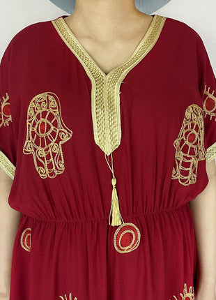 New African Abaya Women Elegant Dress Collect Waist Straight Cotton Embroider Dress Loose Caftan Femme Clothing Islamic Dresses