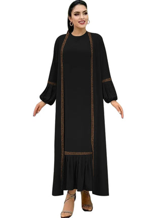 Muslim Women Hijab Dress 2 Piece Set Eid Lantern Sleeve Maxi Long Dress Islamic Clothing Caftan Kimono Big Swing Abaya Dresses