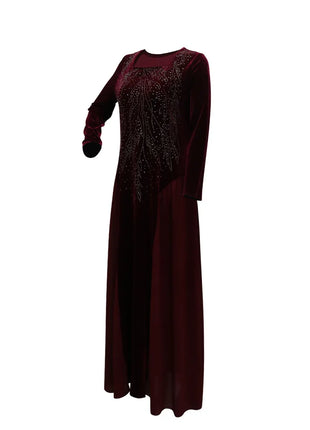Women Dubai Arab Muslim Velvet Chiffon Splicing Diamond Evening Dress Jalabia Women's Clothing Abaya Robe