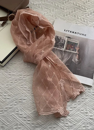 Court Style Embroidery Flower Lace Scarf Long Silk Women's Spring Summer Seaside Vacation Shawl Headscarf