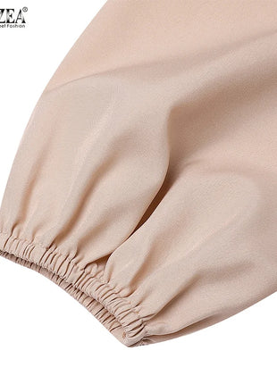 ZANZEA Patchwork Lantern Sleeve Abaya Robes Women Plisse Layered Elegant Maxi Dress Muslim Fashion Islamic Hijab Pleated Dress