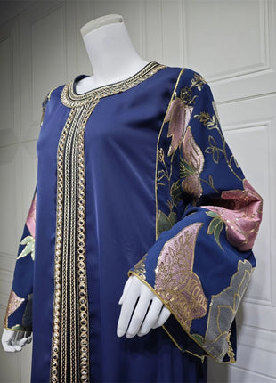 Siskakia Ramadan Muslim Women's Gold Stamping Petal Sleeve Abaya O-Neck Stripe Dubai Dresses For Women Gala