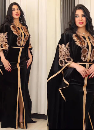Ramadan Luxury Muslim Fashion Bat Sleeve Moroccan Turkiye Dubai Dress Middle East Arab Dress Sequins Golden Velvet Long Dress