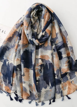 1Pc spring and autumn retro oil painting style ink smudge camouflage printing spring and summer wear scarf literary tassel shawl