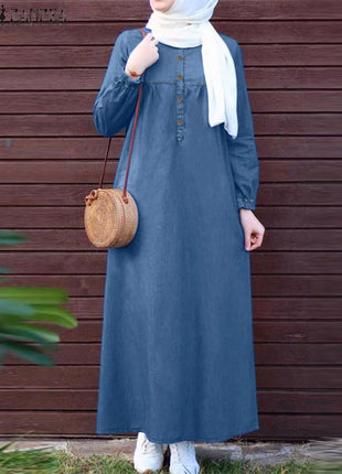 ZANZEA Women Vintage Muslim Abaya Dress 2024 Autumn Sundress Casual Long Sleeve Solid Maxi Long Vestidos Kaftan Islamic Clothing