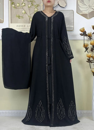 2024 Muslim Abaya For Women Long Sleeved Chiffon Diamonds Loose Fit Femme Robe Islam Maxi Dubai Fashion Party Dresses With Scarf