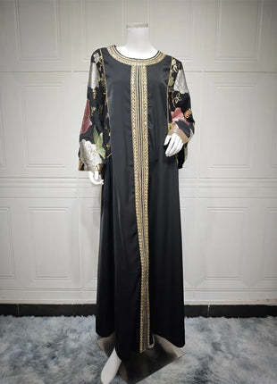 Siskakia Ramadan Muslim Women's Gold Stamping Petal Sleeve Abaya O-Neck Stripe Dubai Dresses For Women Gala