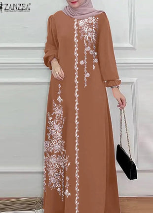 Women Stylish Floral Printed Maxi Dress Muslim Abaya ZANZEA Eid Mubarak Robe Elegant Long Sleeve Casual Vestidos Kaftan IsIamic