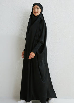Muslim Abaya Hooded Smocking Sleeve One-piece Prayer Dress Women Jilbab Islamic Clothing Dubai Saudi Black Robe Turkish Modesty