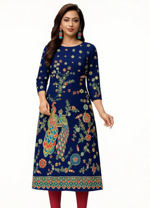 Muslim Women Kurt Casual Dress Slit hem Straight Casual Ethnic Peacock Mandarin Flowers Regular Size 3D Design Suitable