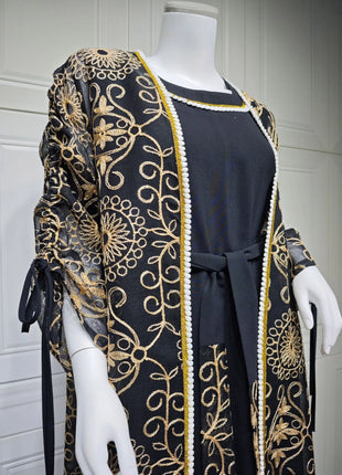 Eid Muslim Abayas for Women Party 2 Piece Set Embroidery Cardigan Robe Lace Up Dress Morocco Kaftan Islam Ramadan Dubai Vestidos