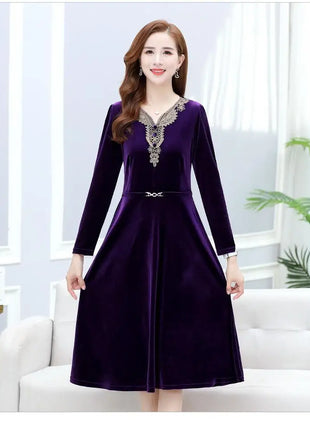 Elegant Purple Velvet Dress With Embroidered Lace V Neck And Belted Waist For Women Autumn Winter Casual Wear