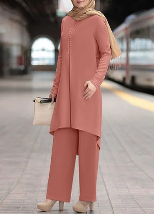 Ramadan Two Piece Sets Shirt &Pants Women Muslim Suits Shirt Blouse Musulman Ensembles Moroccan Kaftan Islamic Dress Sets