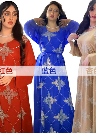 Eid Morocco Party Dress Women Muslim Abaya Diamond Ramadan Chiffon Dubai Abayas Kaftan Elegant Robe Vestidos Turkey Gown 2023