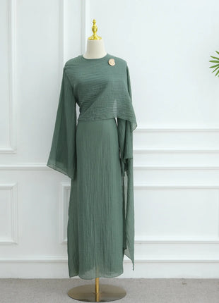 Two Piece Middle East Muslim Cardigan Set for Women Ramadan Eid Dubai Modest Abaya Dress Elegant Islam Solid Turkey Robe Outfit