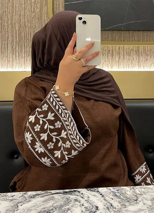 Linen Flower Embroidered Abaya 2024 Luxury Elegant Muslim Retro Kaftan Modest Dresses for Women Islam Clothing for Women Kebaya