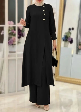 Ramadan Women Eid Muslim Two Pieces Set Split Blouse & Pant Musulman Ensemble Button Shirt Pants Matching Sets Femme Abaya 2024