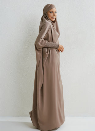 Muslim Abaya Hooded Smocking Sleeve One-piece Prayer Dress Women Jilbab Islamic Clothing Dubai Saudi Black Robe Turkish Modesty