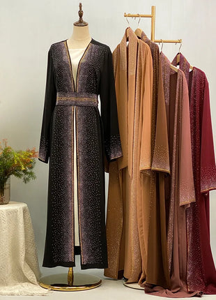 Hot Selling Ramadan Rhinestone Cardigan Islamic Dresses With Pockets Kebaya Muslim Kimono Abaya Dubai Modest Clothing Women EID