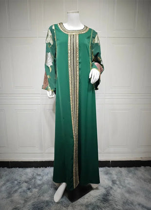 Ramadan Muslim Women's Gold Stamping Petal Sleeve Abaya O-Neck Stripe Dubai Dresses For Women Gala