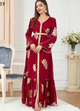 Ramadan Luxury Muslim Fashion Bat Sleeve Moroccan Turkiye Dubai Dress Middle East Arab Dress Sequins Golden Velvet Long Dress