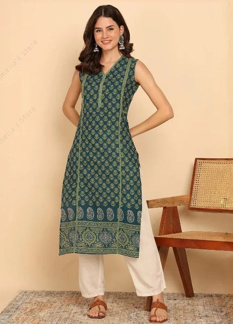 Indian Ethnic Style Women's Black Green Cotton Kurta Tunic Top Sleeveless Paisley Print Summer Wear Casual Kurti Dress