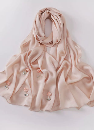 New Bubble Chiffon Hijab Scarf Handmade Flower Beaded Anchor Satin Silk Scarf  Hijabs for Women Turban Femme Ramadan Islamic